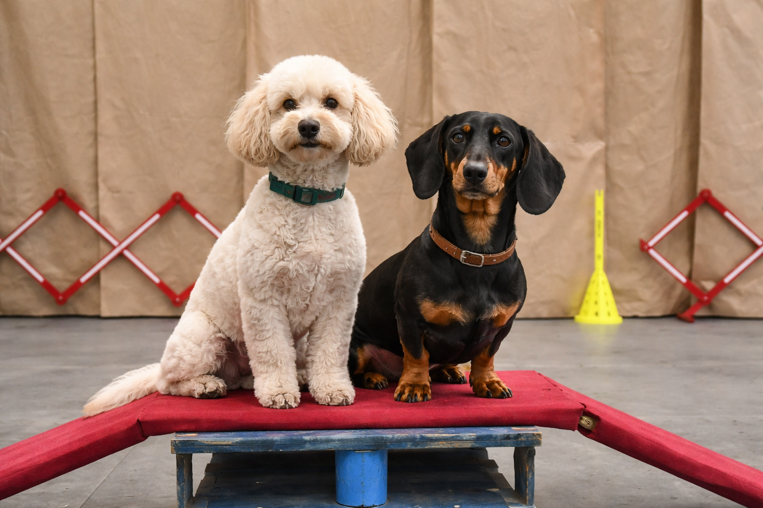Adiestramiento canino en Madrid con caniche y teckel trabajando en sesión de educación