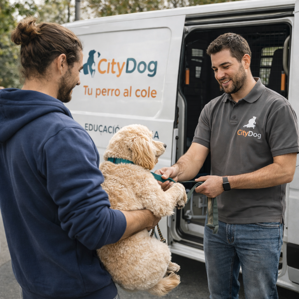 Ruta para perros en Madrid con servicio de recogida CityDog, dueño entregando a su perro al equipo especializado